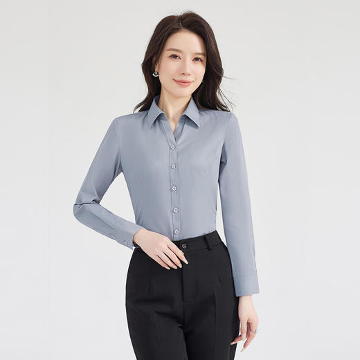 罗蒙春秋女士长袖衬衫V领百搭休闲纯色商务通勤时尚大气上衣 商品图2