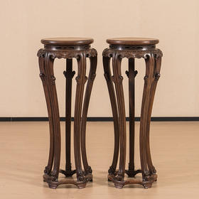 清 红木镶瘿木云纹三弯腿五足带托泥圆香几（一对）