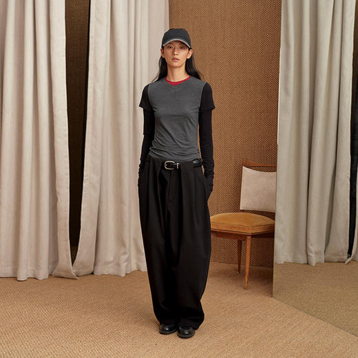 NUTH 亲肤裸感假两件撞色针织叠穿长袖T恤打底衫 黑红灰/灰白色 商品图0