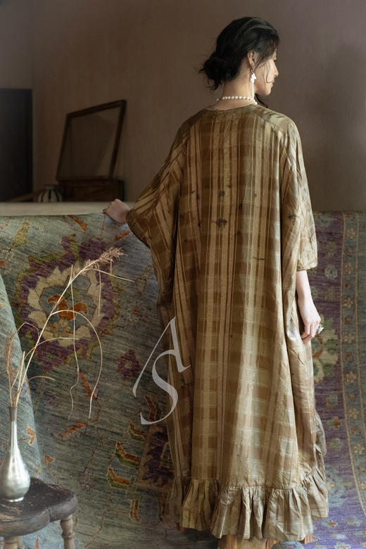 Mutedance 铜金色格纹褶边真丝连衣裙 商品图3