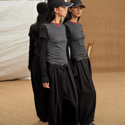 NUTH 亲肤裸感假两件撞色针织叠穿长袖T恤打底衫 黑红灰/灰白色 商品图2