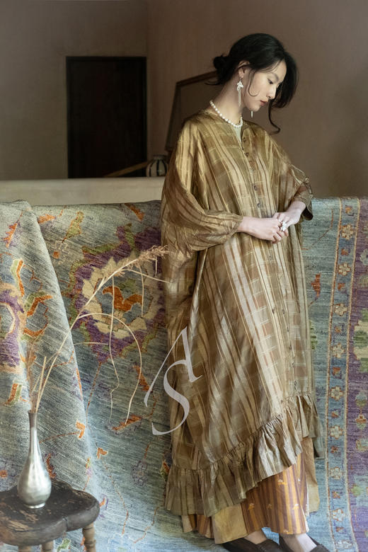 Mutedance 铜金色格纹褶边真丝连衣裙 商品图0