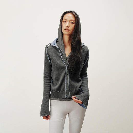 NUTH 正反两穿撞色针织开衫毛衣喇叭袖针织衫女蓝灰拼色 商品图9