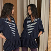 NUTH V领条纹拼接假两件长袖花苞连衣裙女 藏蓝色 商品缩略图3