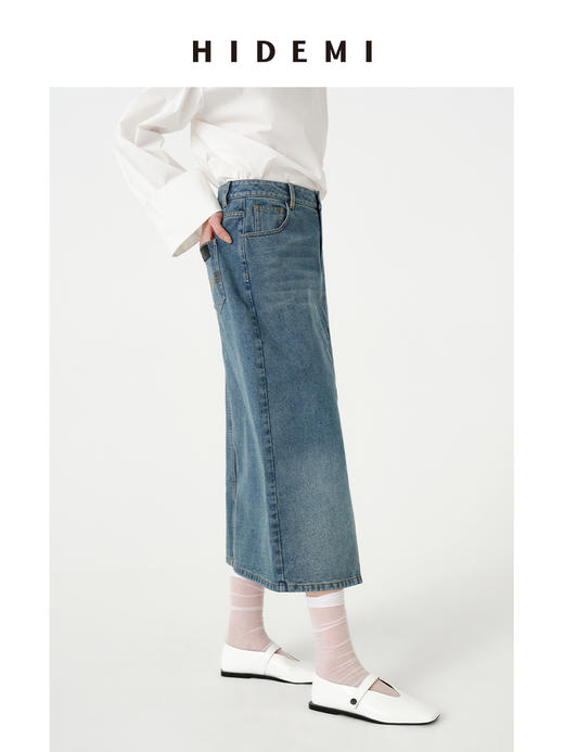 HIDEMI 水洗做旧猫须牛仔蓝开衩设计感H型半身裙 商品图8