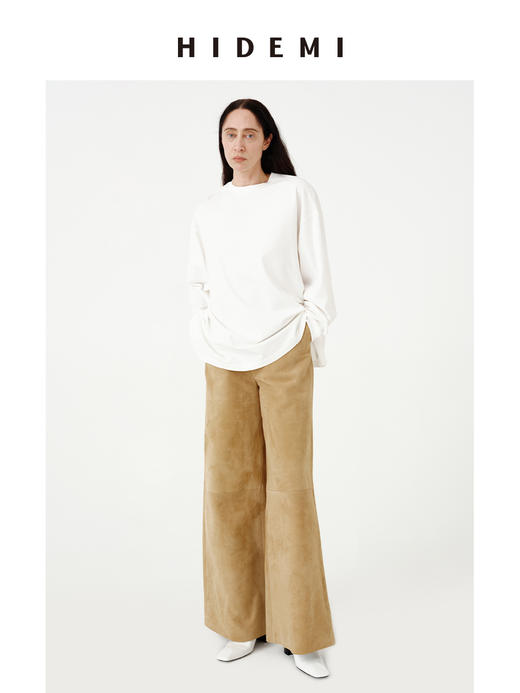 HIDEMI 【当当同款】极简圆领廓形落肩款oversize长袖基础款宽松t恤 奶油青柠绿/黑色/白色/浅灰 商品图7