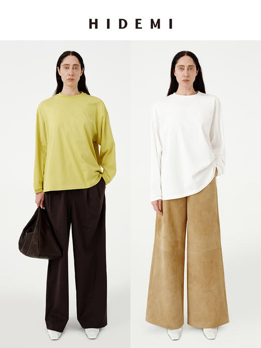 HIDEMI 【当当同款】极简圆领廓形落肩款oversize长袖基础款宽松t恤 奶油青柠绿/黑色/白色/浅灰 商品图6