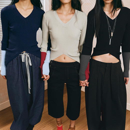 NUTH 撞色袖口修身不规则下摆针织衫V领上衣女黑灰/深浅蓝/红米色 商品图0