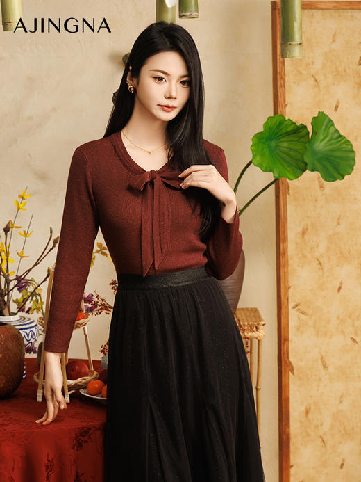 【商场同款】阿菁娜2025春季新款飘带V领正肩毛衫A30C301016 商品图3