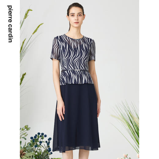 皮尔卡丹女装连衣裙优雅拼接假两件通勤短袖A字裙P3215D3175N3 商品图0