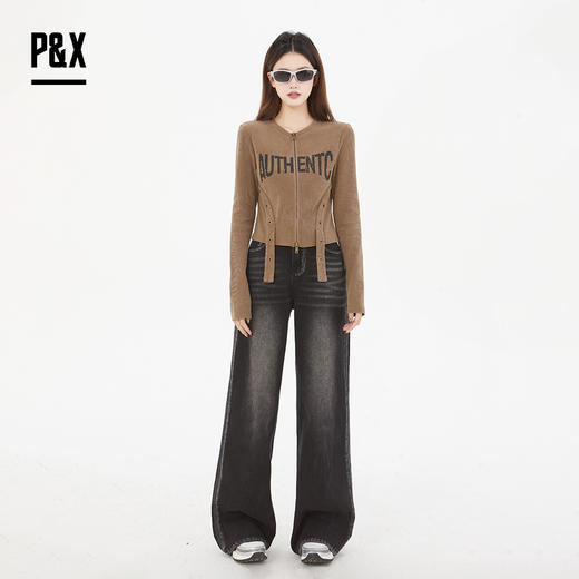 P&X设计师女装 复古时髦字母针织短款T恤拉链修身825102136 咖色 商品图1