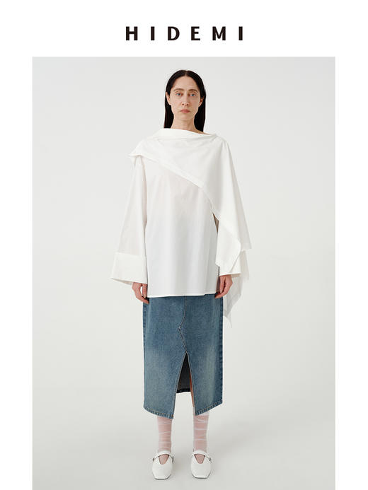 HIDEMI 水洗做旧猫须牛仔蓝开衩设计感H型半身裙 商品图6