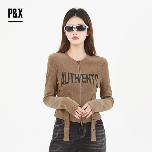 P&X设计师女装 复古时髦字母针织短款T恤拉链修身825102136 咖色 商品图0