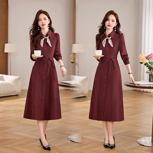 TZW-2025春装新款气质连衣裙高级感OL翻领长袖气质优雅中长裙配领巾 商品图1