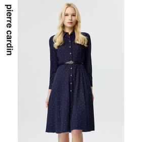 皮尔卡丹女装连衣裙蓝色白点花纹年轻时尚商务衬衫裙P3433E3835N3