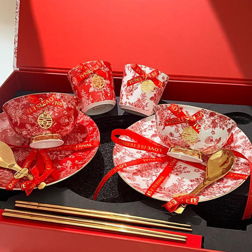 摩登主妇玫瑰假日订婚结婚新婚礼物新年乔迁新居骨瓷碗碟餐具套装 商品图0