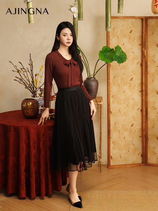 【商场同款】阿菁娜2025春季新款飘带V领正肩毛衫A30C301016 商品图0