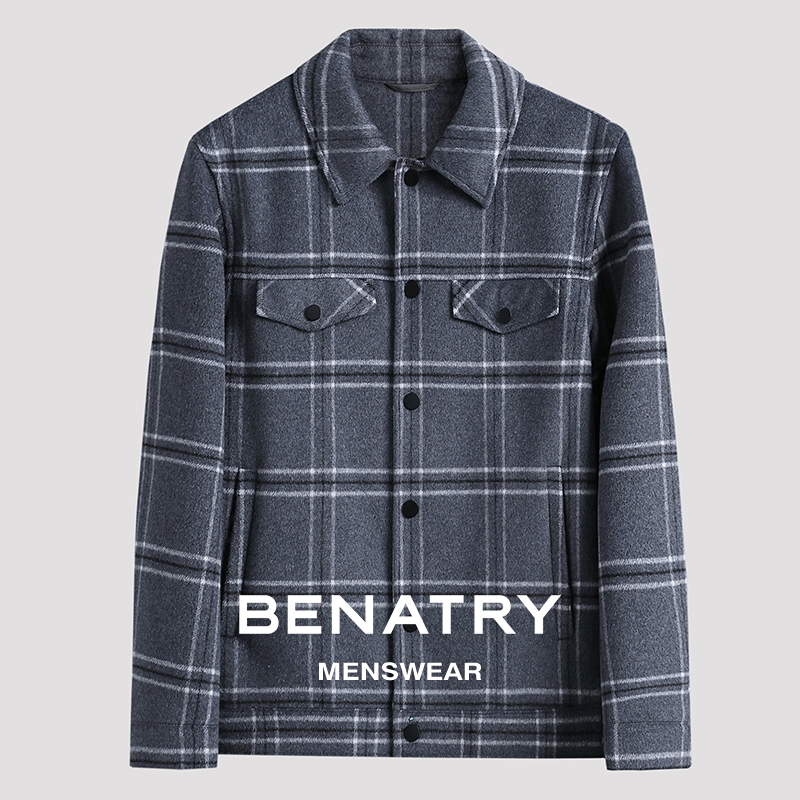 贝纳川格纹翻领男士双面尼羊毛外套EGT300200