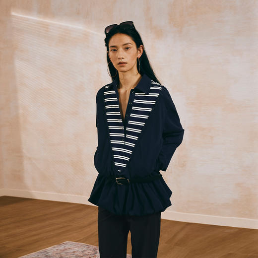 NUTH V领条纹拼接假两件长袖花苞连衣裙女 藏蓝色 商品图2