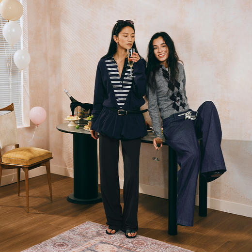 NUTH V领条纹拼接假两件长袖花苞连衣裙女 藏蓝色 商品图4