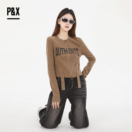 P&X设计师女装 复古时髦字母针织短款T恤拉链修身825102136 咖色 商品图2