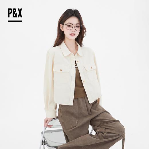 P&X设计师女装 新款POLO领纯色休闲短外套两件套825115110 杏/咖 商品图3