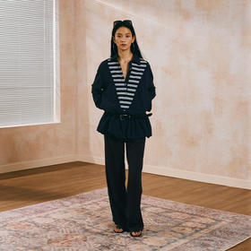 NUTH V领条纹拼接假两件长袖花苞连衣裙女 藏蓝色