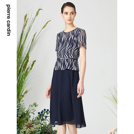 皮尔卡丹女装连衣裙优雅拼接假两件通勤短袖A字裙P3215D3175N3 商品图1