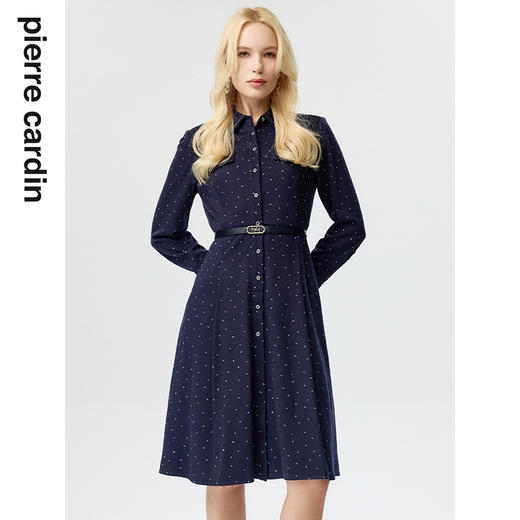 皮尔卡丹女装连衣裙蓝色白点花纹年轻时尚商务衬衫裙P3433E3835N3 商品图3