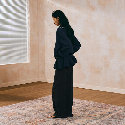 NUTH V领条纹拼接假两件长袖花苞连衣裙女 藏蓝色 商品图1