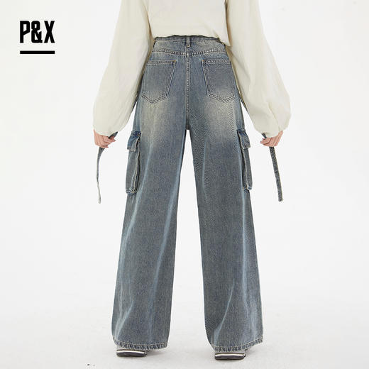 P&X设计师女装 新款时尚水洗牛仔长裤潮流阔腿裤825110064 蓝色 商品图4