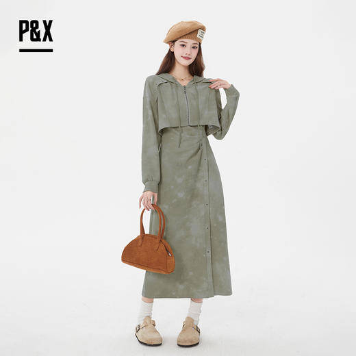 P&X设计师女装 新款吊带抽褶连衣裙套装连帽短外套825114014 绿色 商品图0