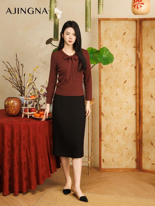 【商场同款】阿菁娜2025春季新款飘带V领正肩毛衫A30C301016 商品图1