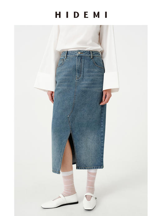 HIDEMI 水洗做旧猫须牛仔蓝开衩设计感H型半身裙 商品图5