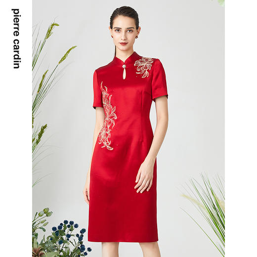 皮尔卡丹女装连衣裙红色醋酸绣花婚庆礼服旗袍裙子P3106D3026R0 商品图0