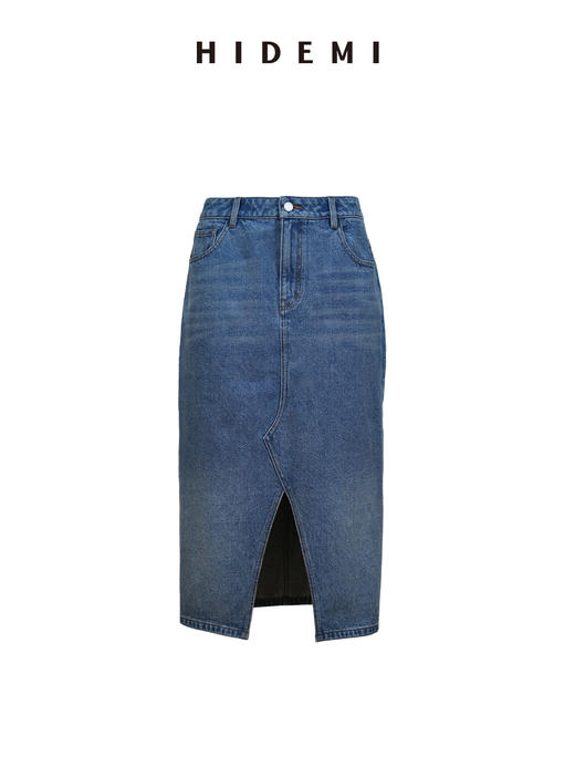 HIDEMI 水洗做旧猫须牛仔蓝开衩设计感H型半身裙 商品图9