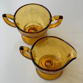 美国中古琥珀玻璃蚀刻雏菊奶糖组2pcs