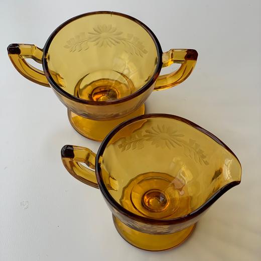 美国中古琥珀玻璃蚀刻雏菊奶糖组2pcs 商品图0