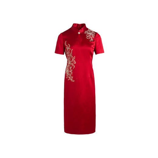 皮尔卡丹女装连衣裙红色醋酸绣花婚庆礼服旗袍裙子P3106D3026R0 商品图4