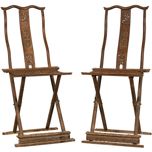 清早期 黄杨木透雕指日高升直背交椅（一对） 商品图5