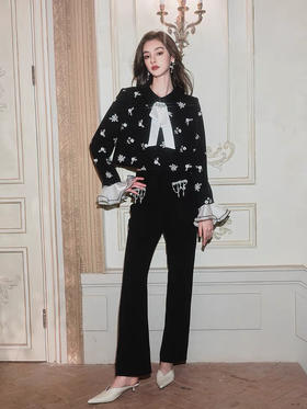 黑色珠片绣花可拆卸荷叶边袖口短款外套