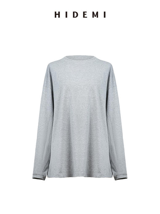 HIDEMI 【当当同款】极简圆领廓形落肩款oversize长袖基础款宽松t恤 奶油青柠绿/黑色/白色/浅灰 商品图14