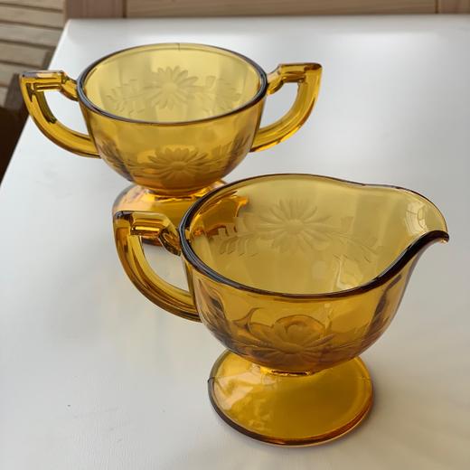 美国中古琥珀玻璃蚀刻雏菊奶糖组2pcs 商品图3