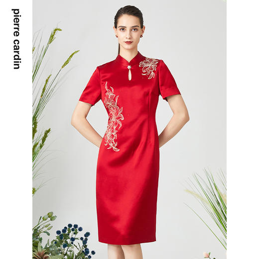 皮尔卡丹女装连衣裙红色醋酸绣花婚庆礼服旗袍裙子P3106D3026R0 商品图1