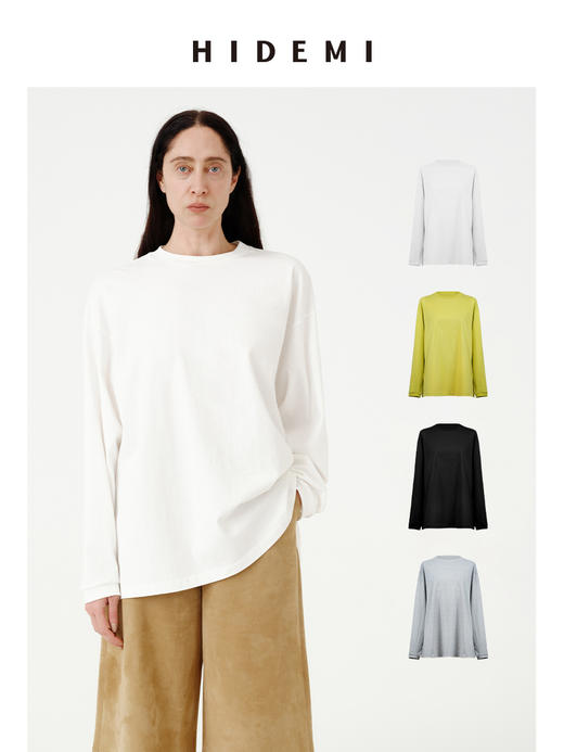 HIDEMI 【当当同款】极简圆领廓形落肩款oversize长袖基础款宽松t恤 奶油青柠绿/黑色/白色/浅灰 商品图0