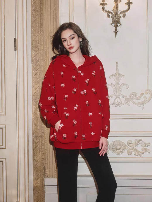 红色花朵珠片绣拉链卫衣外套 商品图0