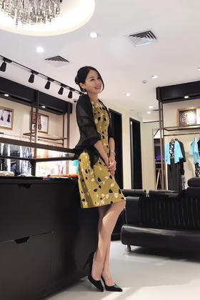 【伯妮斯茵】黄色高贵华丽麂皮绒连衣裙 176S003