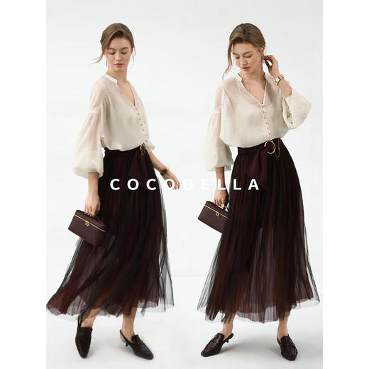 COCOBELLA手工压褶金葱网纱大摆半身裙气质酒红长裙HS7065-5 商品图1