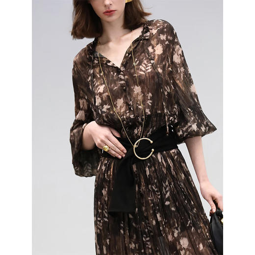 COCOBELLA重工金丝压褶花卉印花连衣裙女夏度假风雪纺长裙FR3075 商品图1