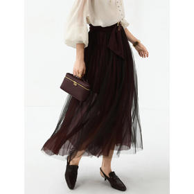 COCOBELLA手工压褶金葱网纱大摆半身裙气质酒红长裙HS7065-5